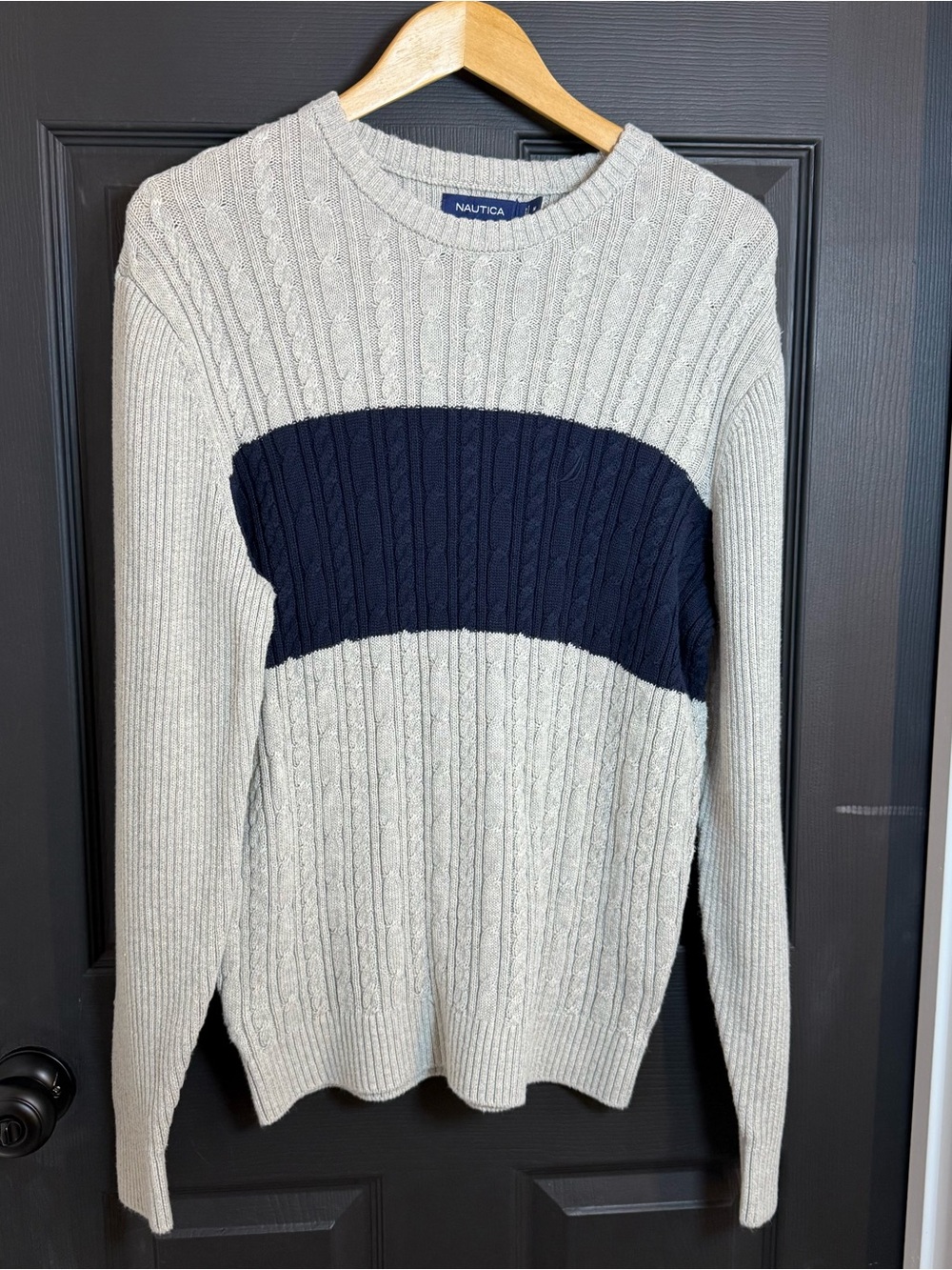 Nautica Men's Cream Crewneck Sweater with Navy Chest Band